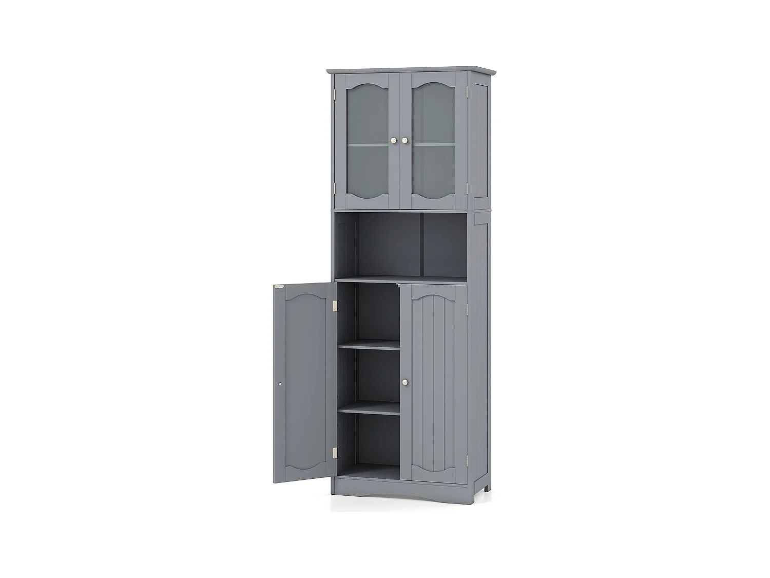 Armoire de salle de bains Armoire haute indépendante avec 4 portes & étagère réglable Armoire de salle de bains avec protection anti-basculement Gris 164 cm