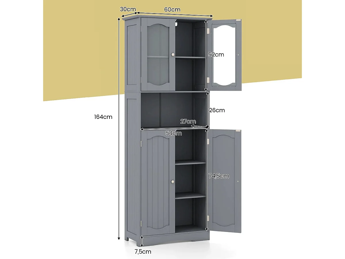 Badezimmerschrank freistehender Hochschrank mit 4 Türen & Verstellbarem Einlegeboden Badschrank mit Kippschutz Grau 164 cm