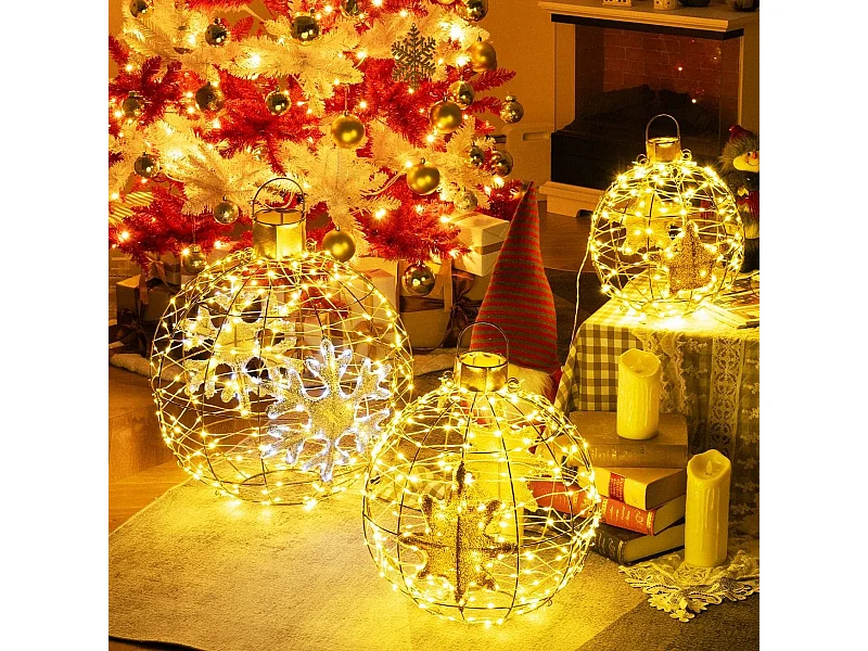 3 Sfere lanterne pre-illuminate con 732 luci led brillanti, Ornamenti natalizi da appendere per interni ed esterni