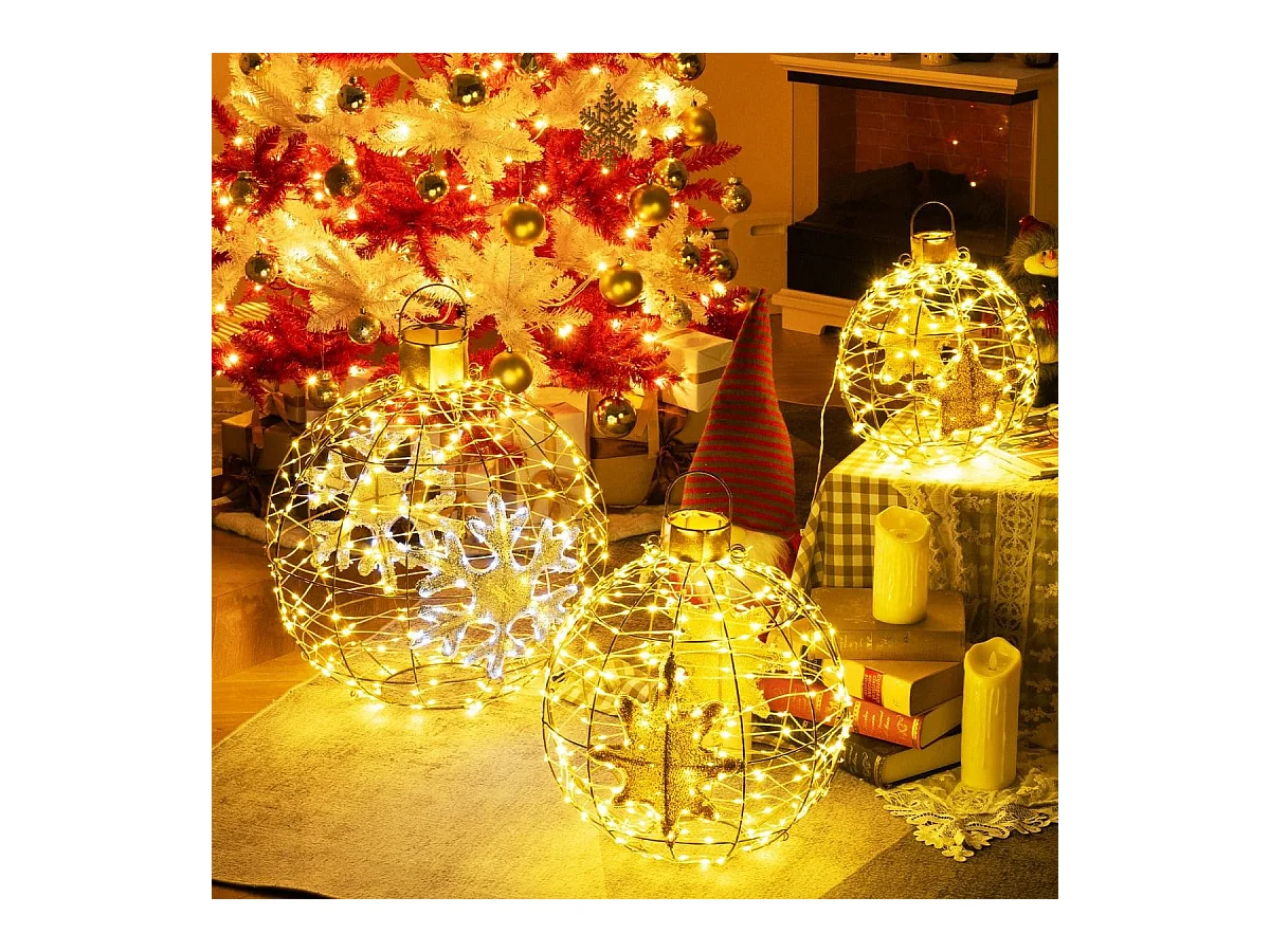 3 Sfere lanterne pre-illuminate con 732 luci led brillanti, Ornamenti natalizi da appendere per interni ed esterni