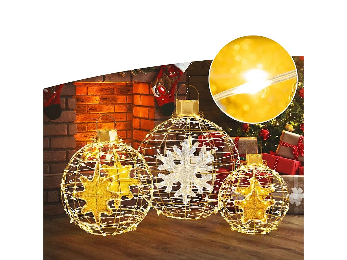 3 Boules Lanterne Pré-éclairées Décorations de Noël à Suspendre 732 Lumières LED Lumineuses Attaches Zippées et Piquets de Sol