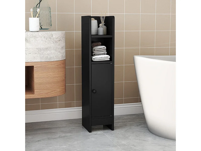 Armadietto per toilette stretto con 2 scomparti aperti e 2 ripiani rimovibili Armadietto per bagno Nero