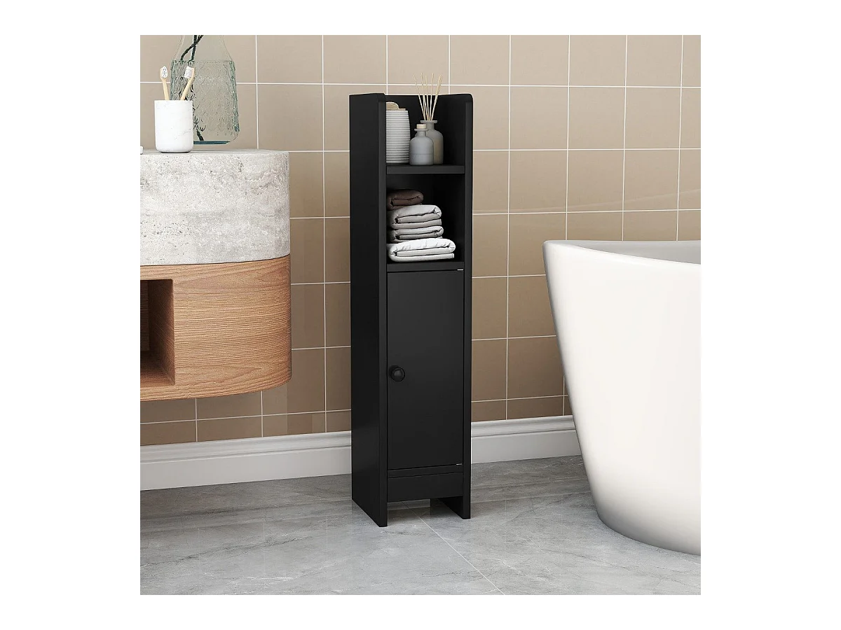 Armadietto per toilette stretto con 2 scomparti aperti e 2 ripiani rimovibili Armadietto per bagno Nero