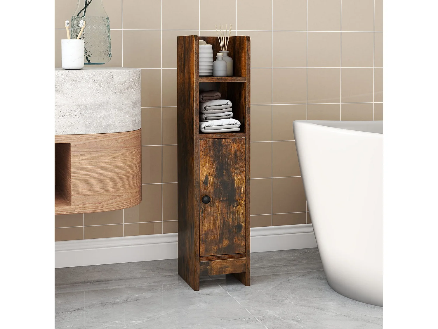 Schmaler Toilettenschrank mit 2 Offenen Fächern & 2 Abnehmbarer Ablage Badschrank Vintage