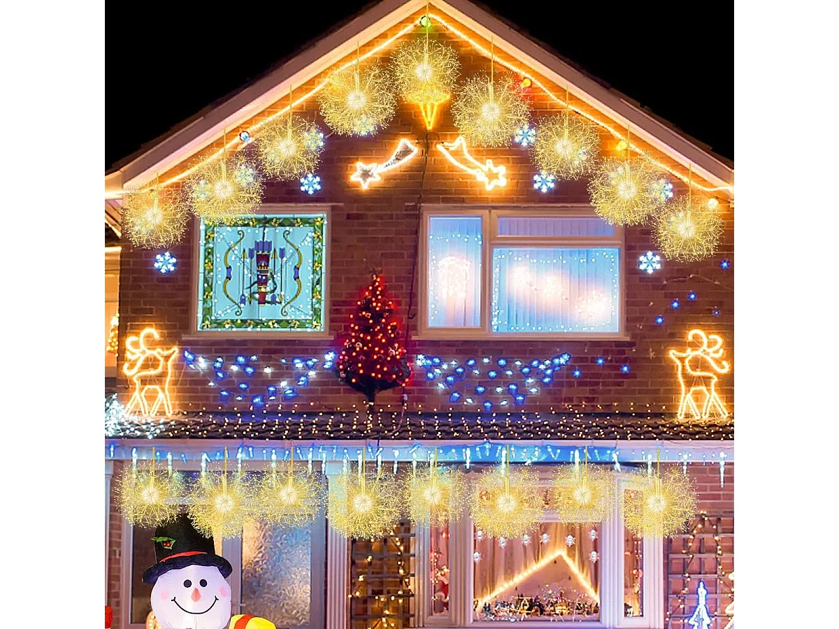 2 Lampes de Noël à Suspendre en Forme de Pissenlit 54 cm et 44 cm Décorations d'Extérieur Pré-éclairées 1488 LED Blanc Chaud Boule