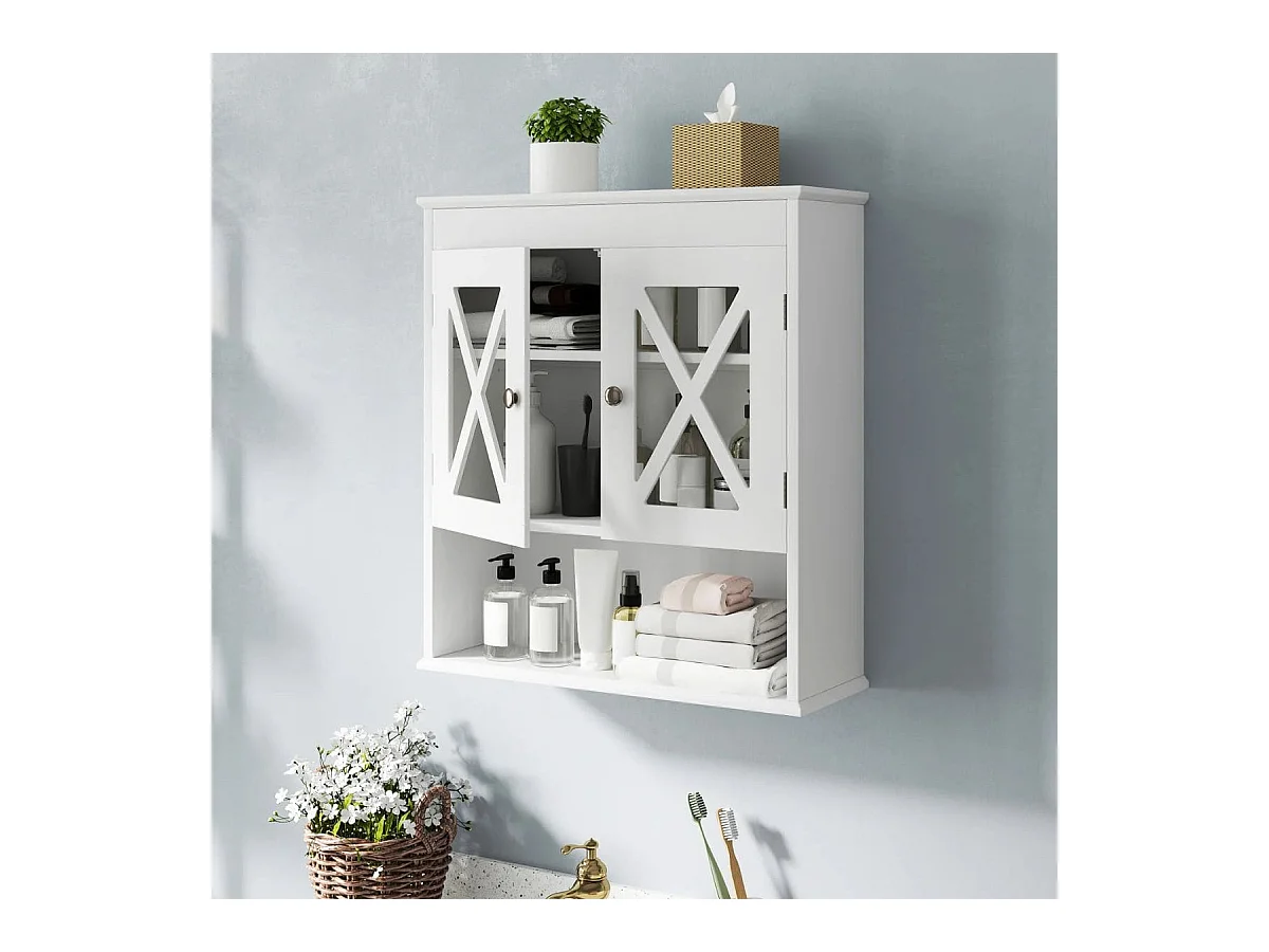 Armoire de Salle de Bain Murale Armoire à Pharmacie avec 2 Portes en Acrylique Étagère Ajustable Compartiment Ouvert Blanc