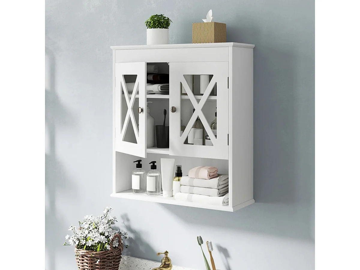 Armadietto da parete per il bagno Armadietto per la medicina con 2 ante in acrilico Ripiano regolabile Scomparto aperto Bianco