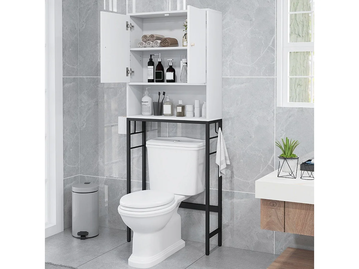 Armadio sopra il wc, Supporto per wc autoportante con 2 porte ripiano regolabile Bianco