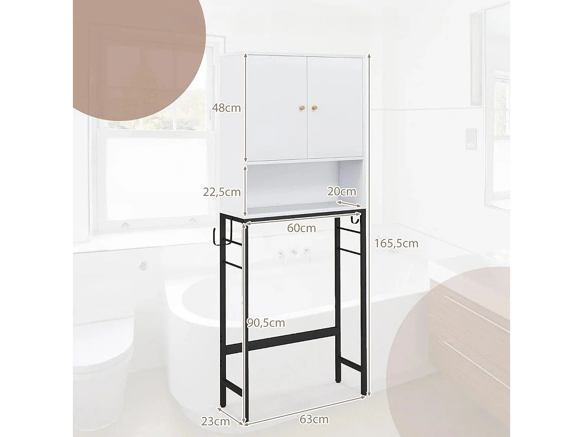 Armadio sopra il wc, Supporto per wc autoportante con 2 porte ripiano regolabile Bianco