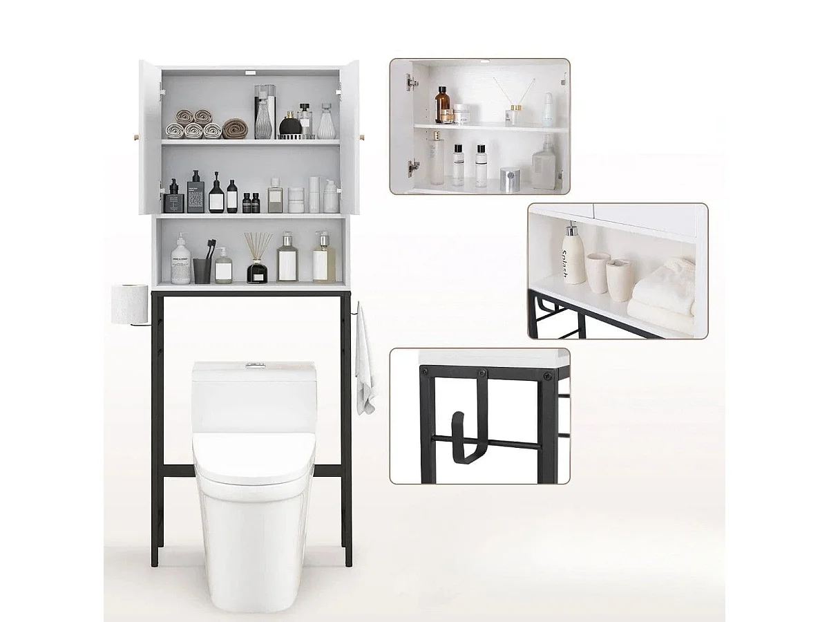 Armadio sopra il wc, Supporto per wc autoportante con 2 porte ripiano regolabile Bianco