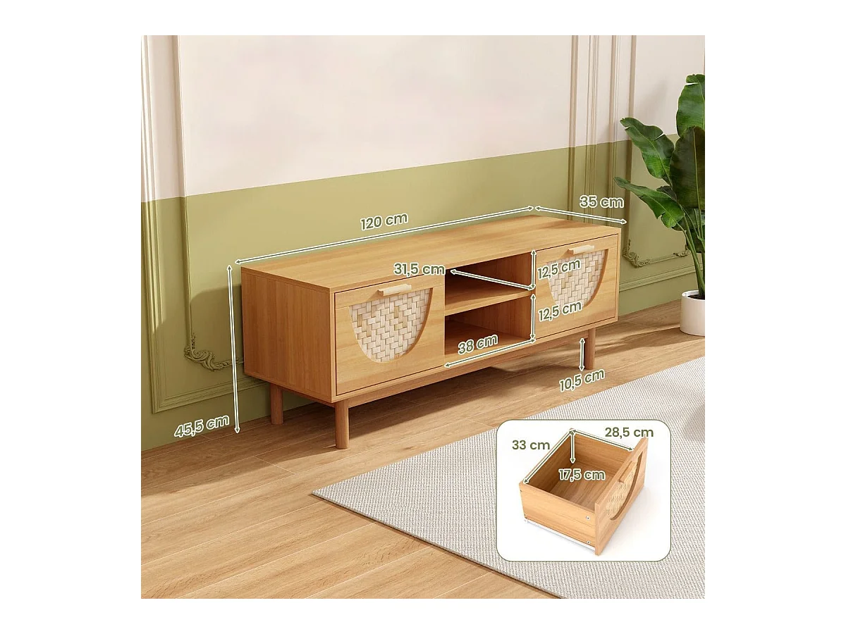 TV Schrank mit 2 Schubladen & Offenen Regalen für TVs bis 55 Zoll TV Lowboard Fernsehschrank