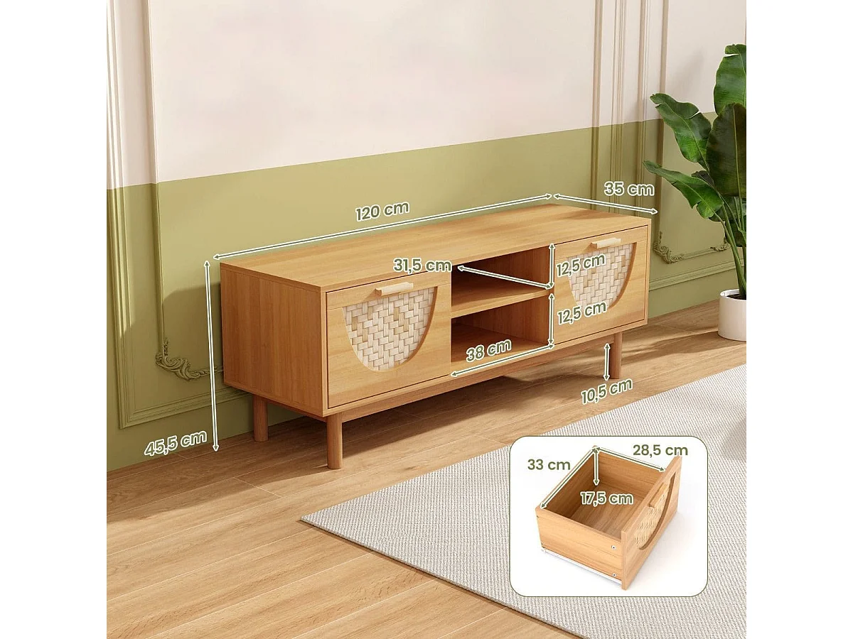 TV Schrank mit 2 Schubladen & Offenen Regalen für TVs bis 55 Zoll TV Lowboard Fernsehschrank