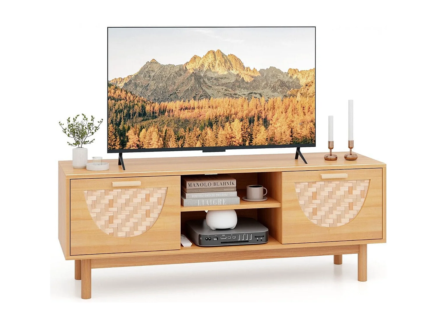 TV Schrank mit 2 Schubladen & Offenen Regalen für TVs bis 55 Zoll TV Lowboard Fernsehschrank