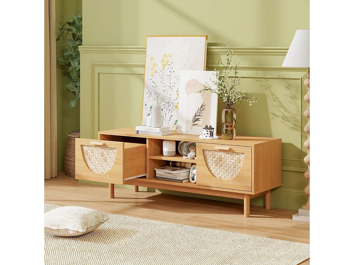 TV Schrank mit 2 Schubladen & Offenen Regalen für TVs bis 55 Zoll TV Lowboard Fernsehschrank