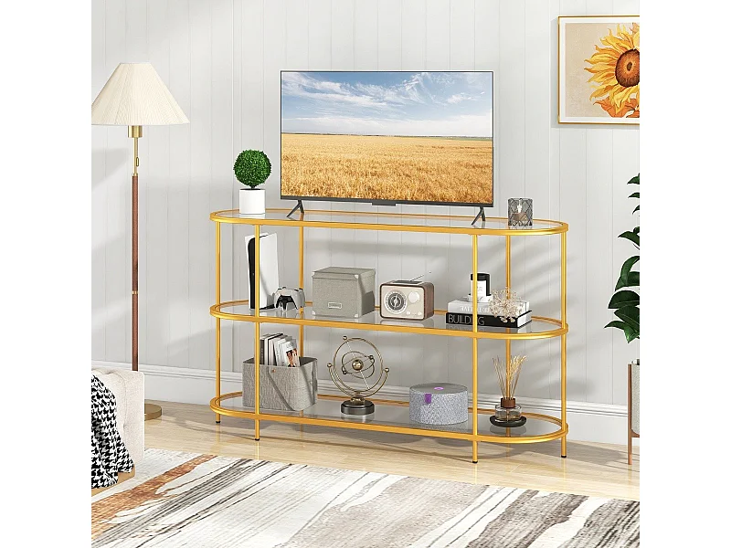 Table Console à 3 Niveaux Meuble TV pour Téléviseurs Jusqu'à 65 Pouces Console TV avec Etagères en Verre Trempé Doré