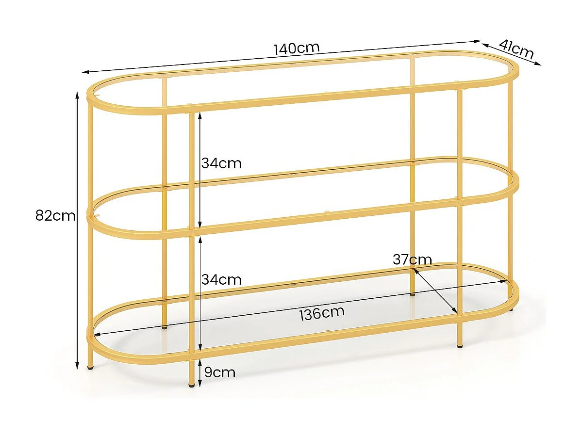 Table Console à 3 Niveaux Meuble TV pour Téléviseurs Jusqu'à 65 Pouces Console TV avec Etagères en Verre Trempé Doré