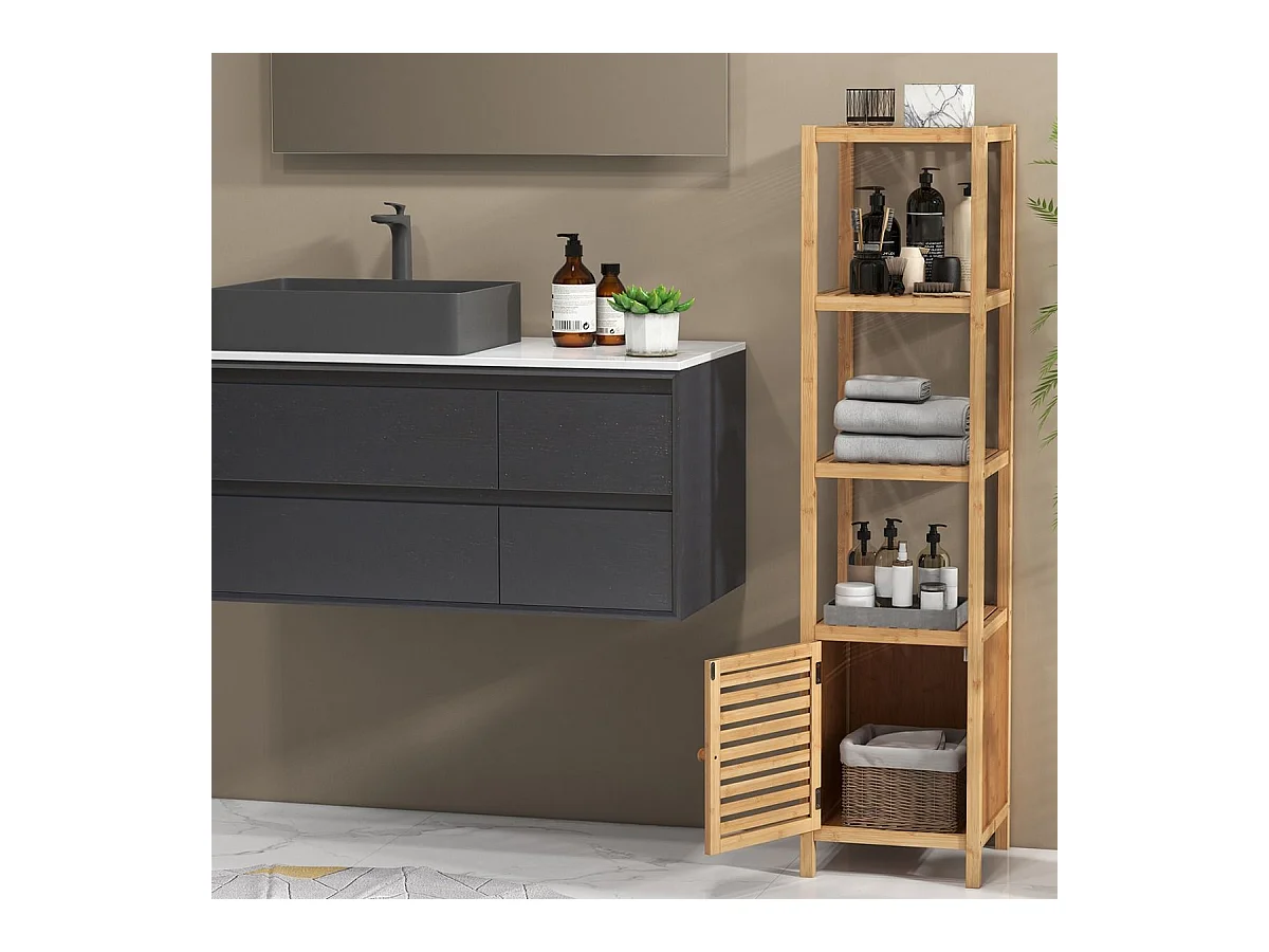 Badregal Bambus Standregal mit 4 Ebenen Regalen und Lamellentür 34 x 33 x 140 cm Natur