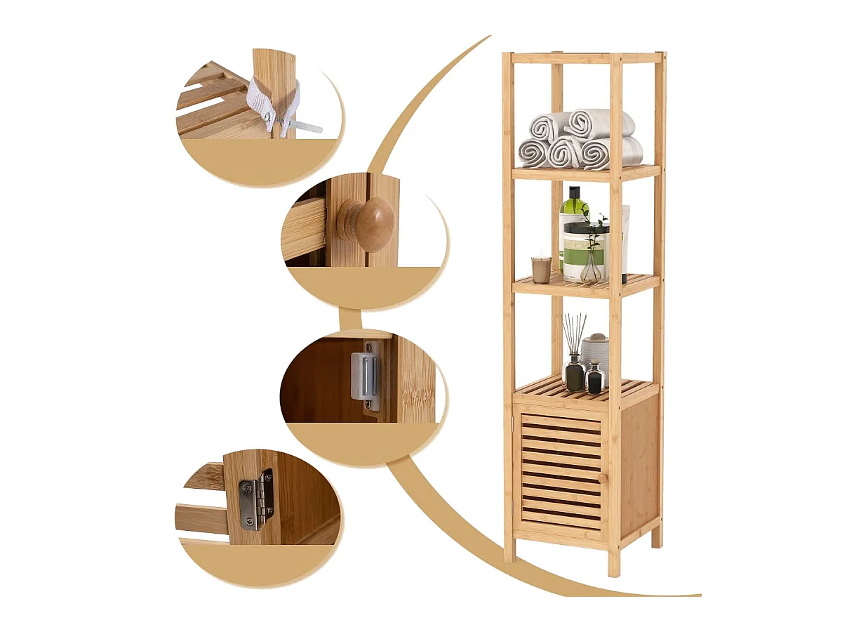 Badregal Bambus Standregal mit 4 Ebenen Regalen und Lamellentür 34 x 33 x 140 cm Natur