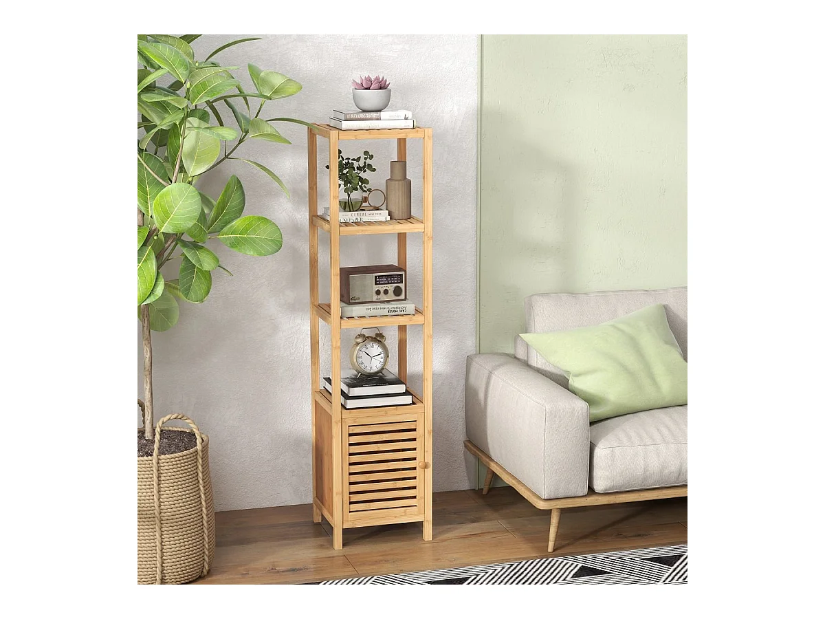 Badregal Bambus Standregal mit 4 Ebenen Regalen und Lamellentür 34 x 33 x 140 cm Natur