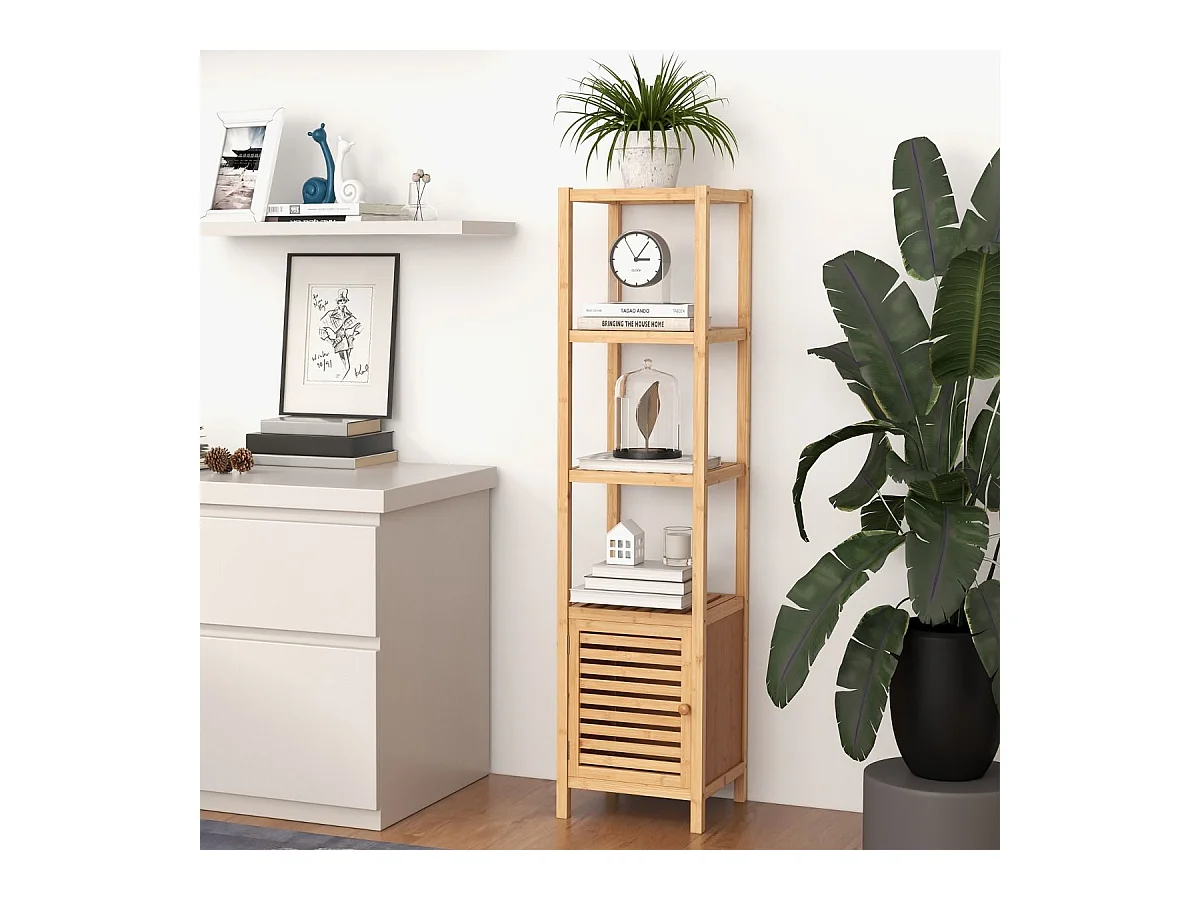 Badregal Bambus Standregal mit 4 Ebenen Regalen und Lamellentür 34 x 33 x 140 cm Natur