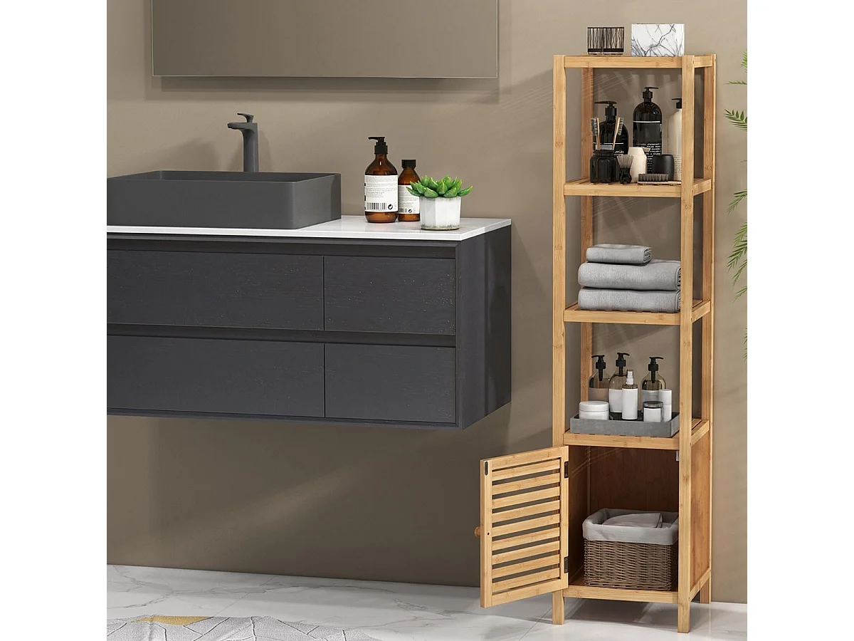 Armoire de Rangement en Bambou Meuble de Salle de Bain de 140 cm de Haut Etagères Ouvertes à 5 Niveaux Porte à Persienne pour Cusine Naturel