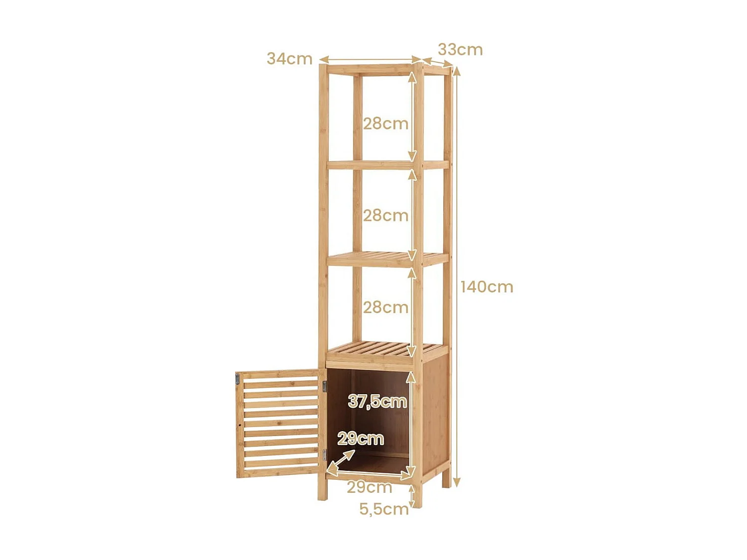 Armoire de Rangement en Bambou Meuble de Salle de Bain de 140 cm de Haut Etagères Ouvertes à 5 Niveaux Porte à Persienne pour Cusine Naturel
