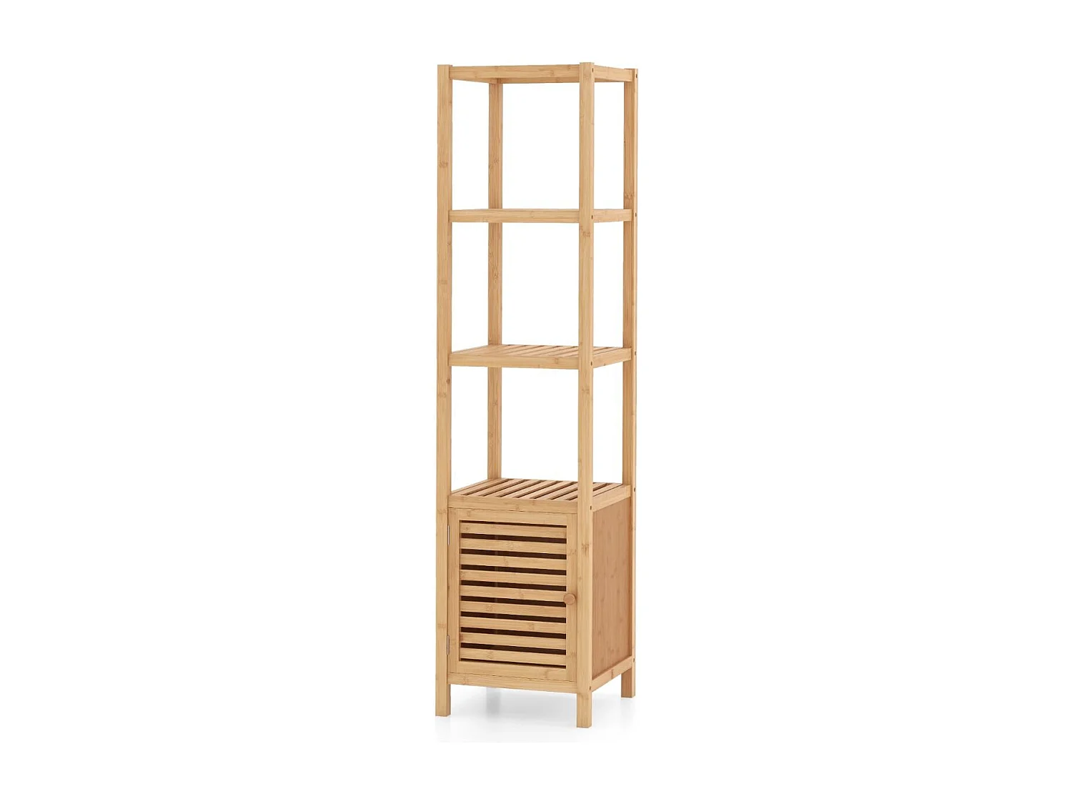 Armoire de Rangement en Bambou Meuble de Salle de Bain de 140 cm de Haut Etagères Ouvertes à 5 Niveaux Porte à Persienne pour Cusine Naturel