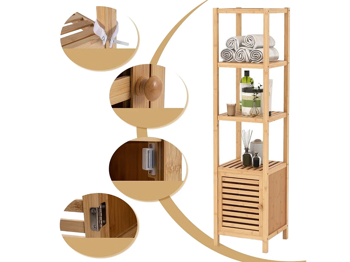 Armoire de Rangement en Bambou Meuble de Salle de Bain de 140 cm de Haut Etagères Ouvertes à 5 Niveaux Porte à Persienne pour Cusine Naturel