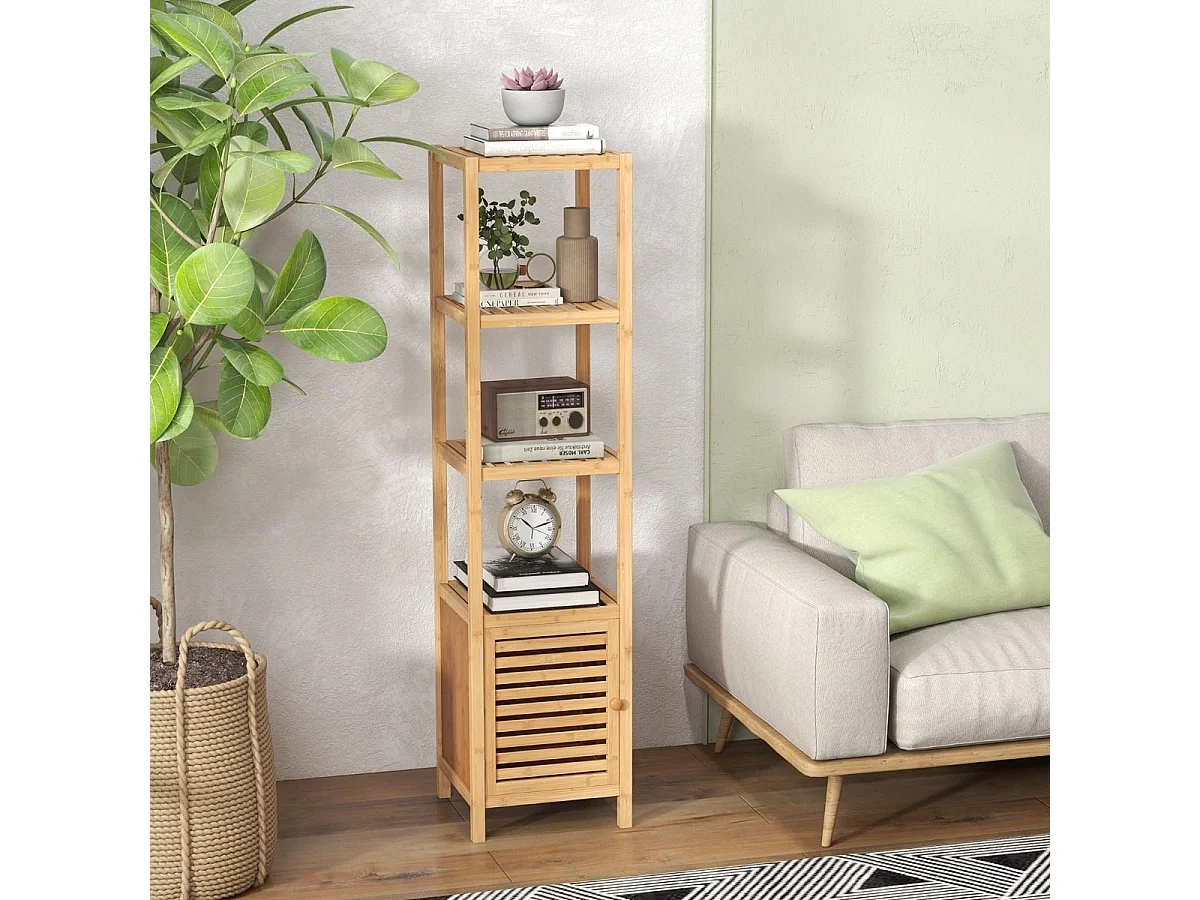 Armoire de Rangement en Bambou Meuble de Salle de Bain de 140 cm de Haut Etagères Ouvertes à 5 Niveaux Porte à Persienne pour Cusine Naturel