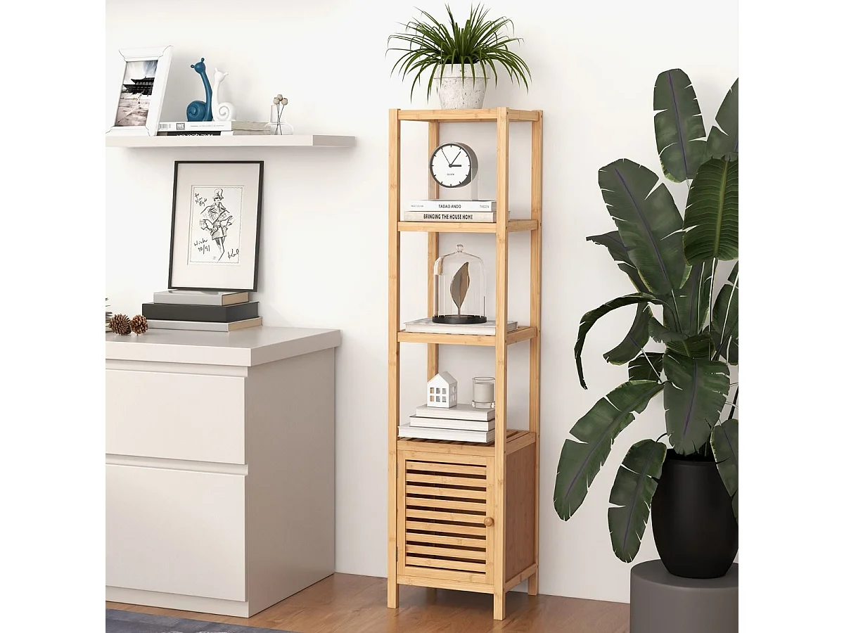 Armoire de Rangement en Bambou Meuble de Salle de Bain de 140 cm de Haut Etagères Ouvertes à 5 Niveaux Porte à Persienne pour Cusine Naturel