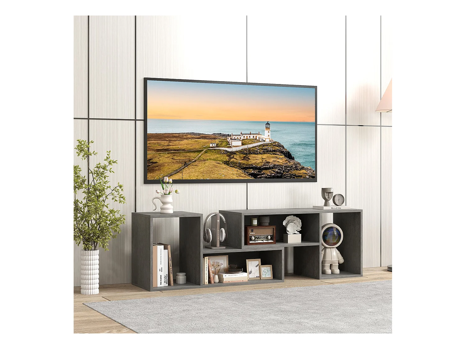 Mobile TV console a 2 pezzi con combinazione libera, Centro di intrattenimento minimalista per TV da 50-60pollici Grigio