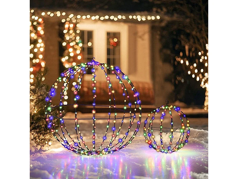 Lot de 2 Boules de Noël Pré-Eclairées Sphère Pliable Eclairée par LED avec 440 Lumières Colorées Cadre en Métal Globe Lumineux Suspendu