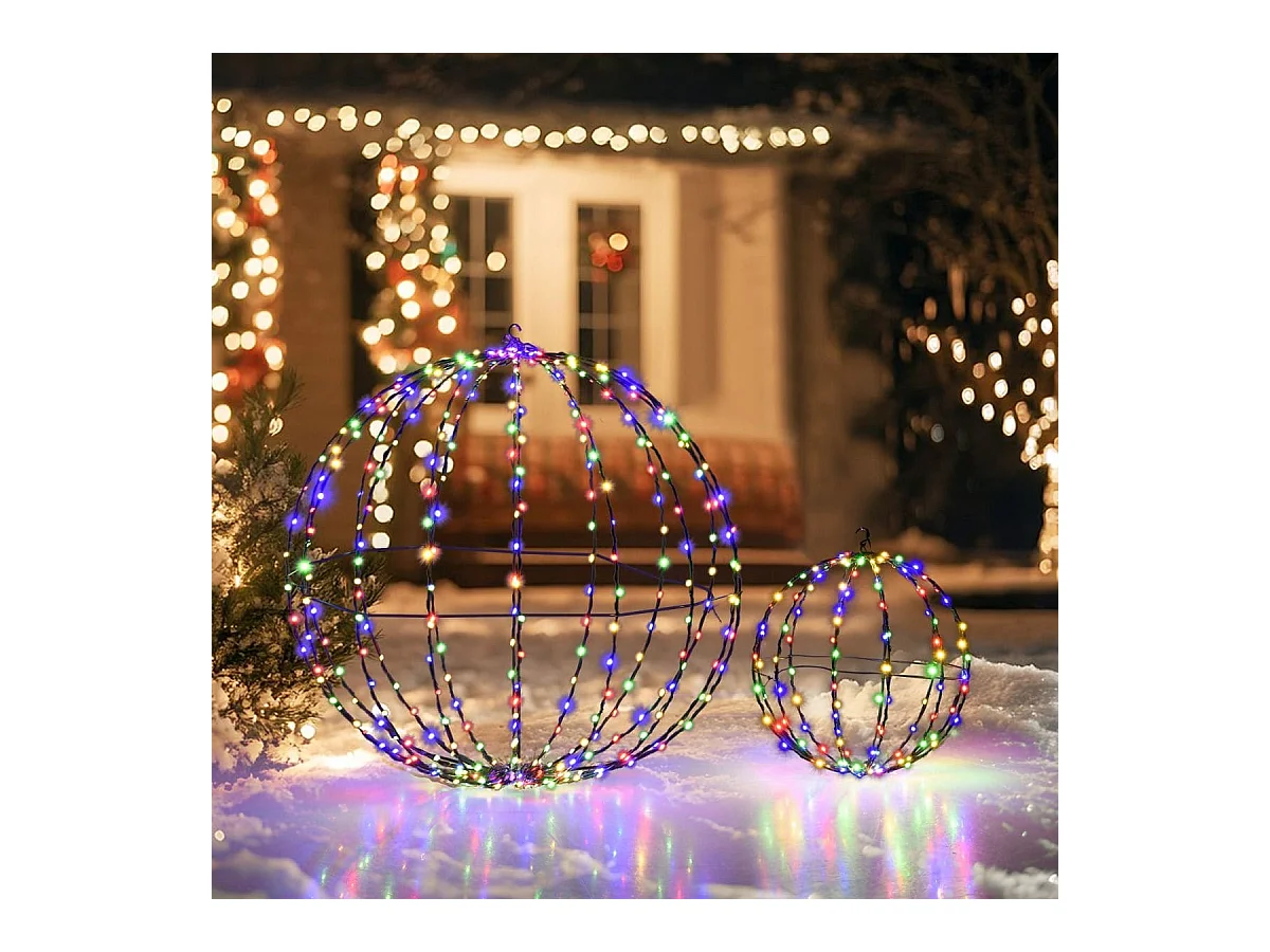Lot de 2 Boules de Noël Pré-Eclairées Sphère Pliable Eclairée par LED avec 440 Lumières Colorées Cadre en Métal Globe Lumineux Suspendu