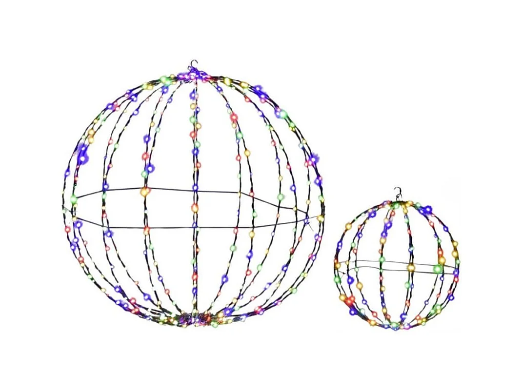 Lot de 2 Boules de Noël Pré-Eclairées Sphère Pliable Eclairée par LED avec 440 Lumières Colorées Cadre en Métal Globe Lumineux Suspendu