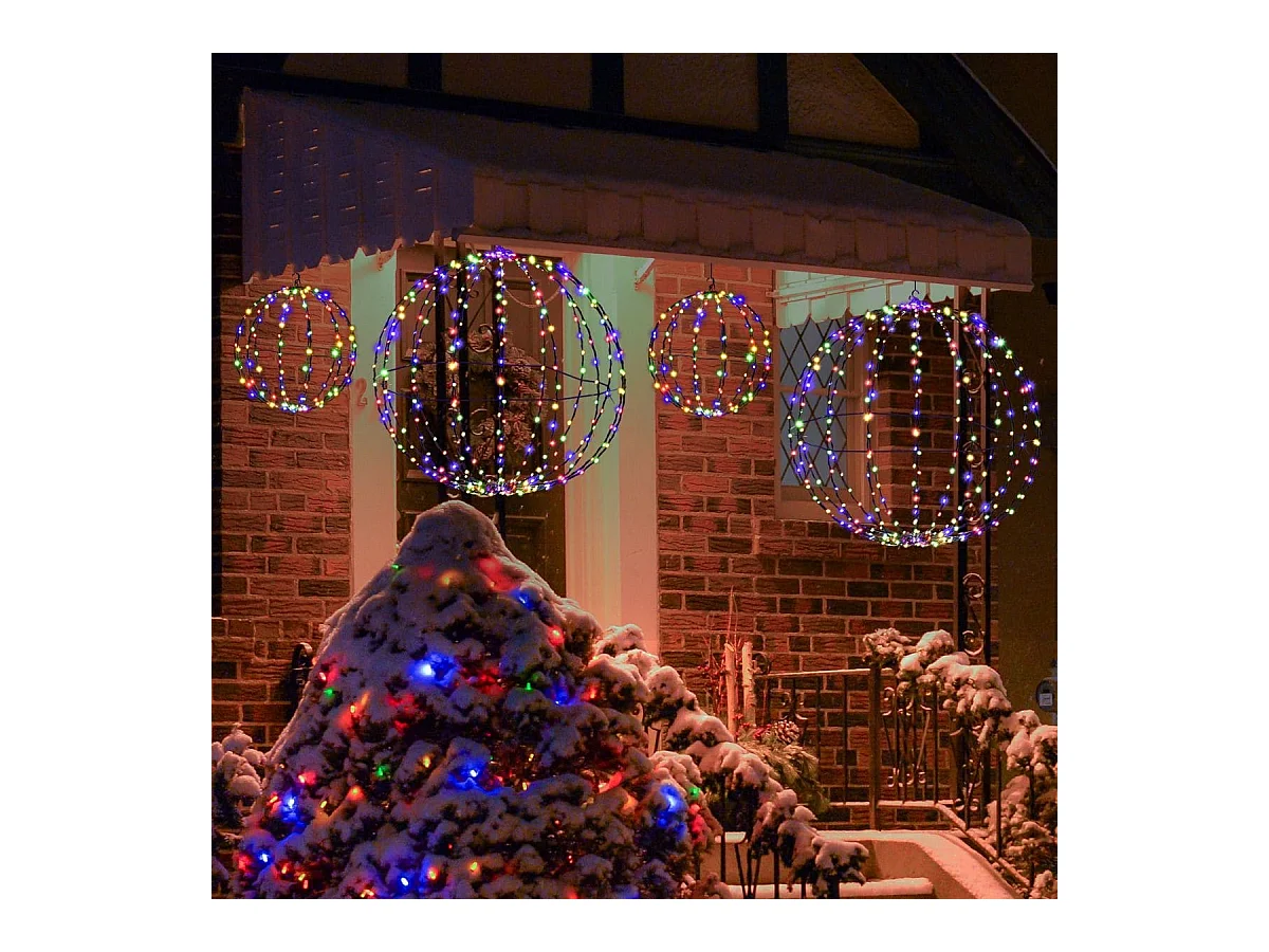 Lot de 2 Boules de Noël Pré-Eclairées Sphère Pliable Eclairée par LED avec 440 Lumières Colorées Cadre en Métal Globe Lumineux Suspendu