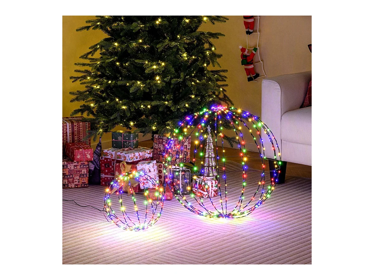 Lot de 2 Boules de Noël Pré-Eclairées Sphère Pliable Eclairée par LED avec 440 Lumières Colorées Cadre en Métal Globe Lumineux Suspendu