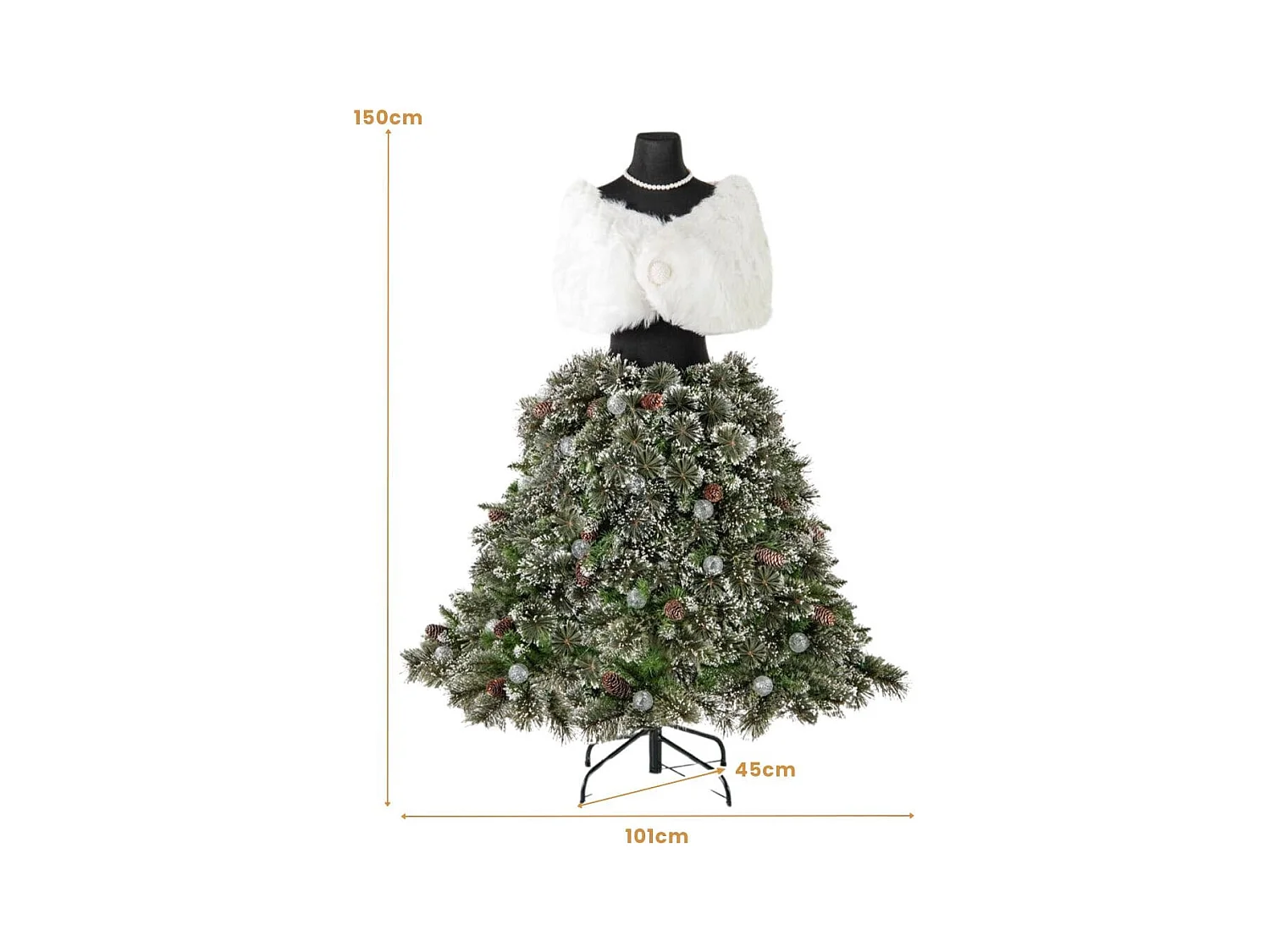 Albero di Natale artificiale con manichino pre-illuminato da 150cm, Albero di Natale a forma di abito con 50 luci a LED