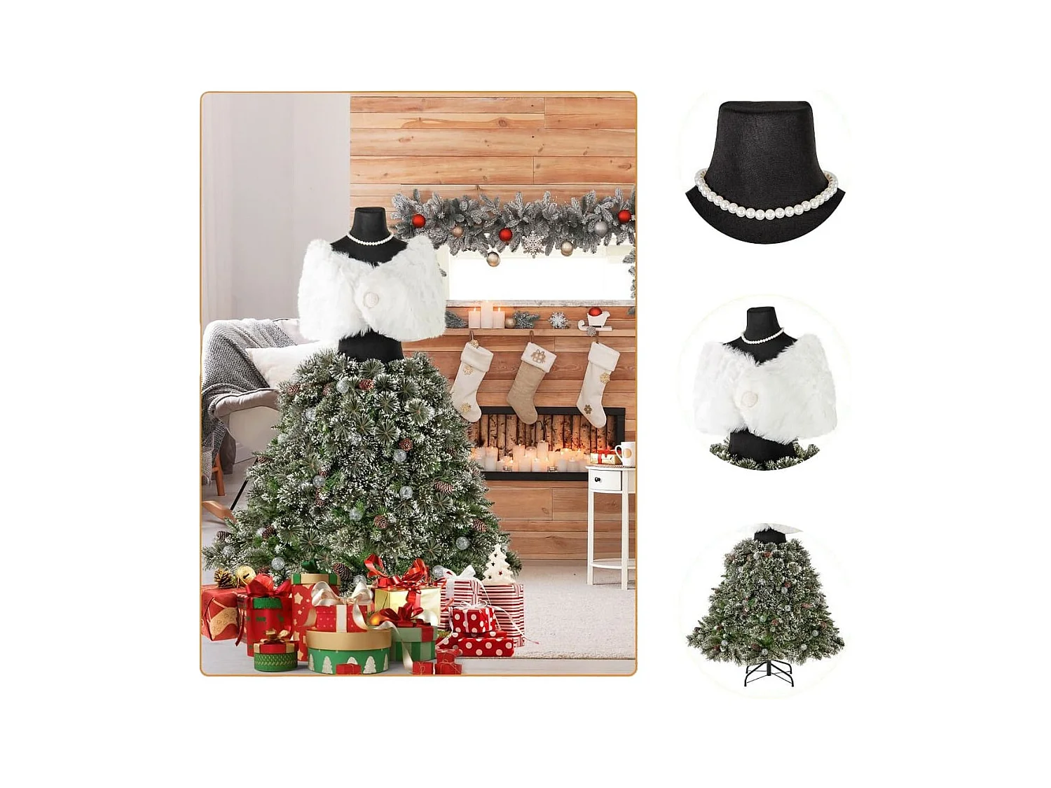 Albero di Natale artificiale con manichino pre-illuminato da 150cm, Albero di Natale a forma di abito con 50 luci a LED