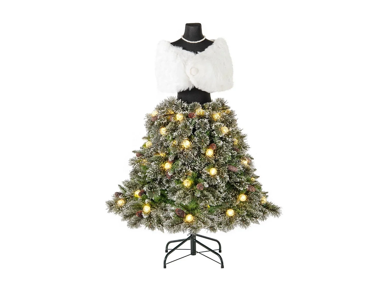 Sapin de Noël Artificiel Pré-éclairé de 150 cm en Forme de Jupe de Mannequin 465 Pointes de Branches 50 Boules LED 36 Pommes de Pin