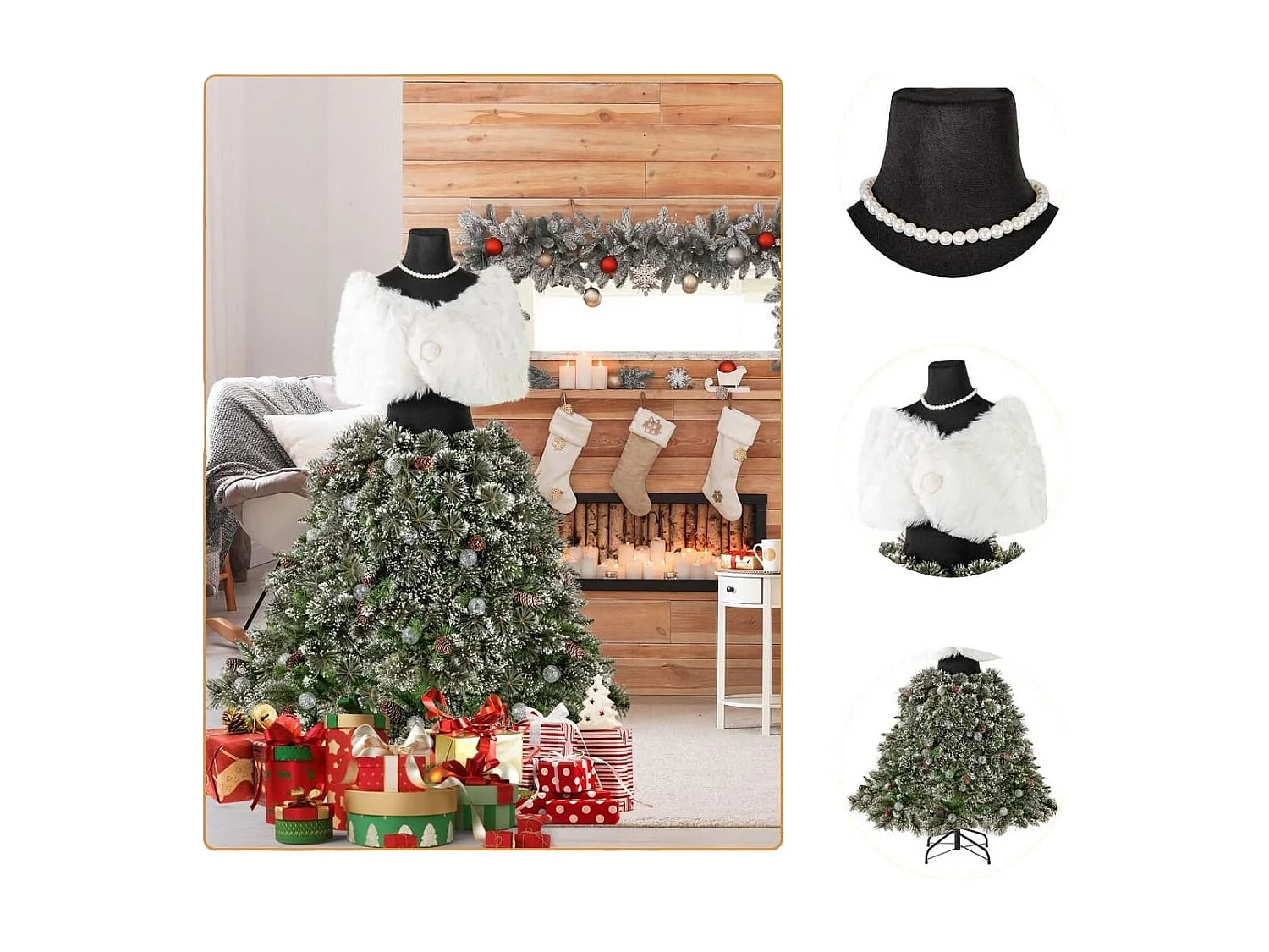 Sapin de Noël Artificiel Pré-éclairé de 150 cm en Forme de Jupe de Mannequin 465 Pointes de Branches 50 Boules LED 36 Pommes de Pin