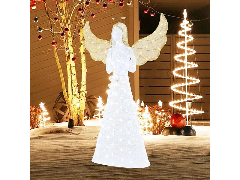 Ange Festif Pré-éclairé de 5M Ange Illuminé avec Halo Ailes et 150 Lumières LED Figurine de Noël avec Attaches Zippées et Piquets de Sol