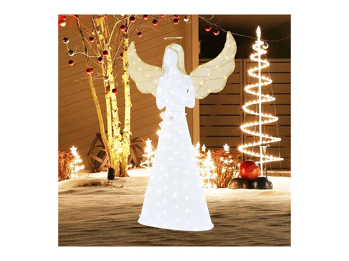 Ange Festif Pré-éclairé de 5M Ange Illuminé avec Halo Ailes et 150 Lumières LED Figurine de Noël avec Attaches Zippées et Piquets de Sol