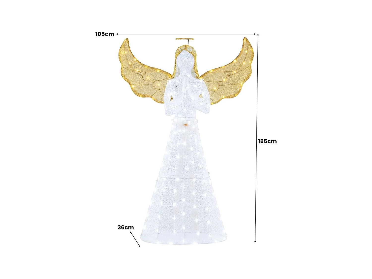 Ange Festif Pré-éclairé de 5M Ange Illuminé avec Halo Ailes et 150 Lumières LED Figurine de Noël avec Attaches Zippées et Piquets de Sol