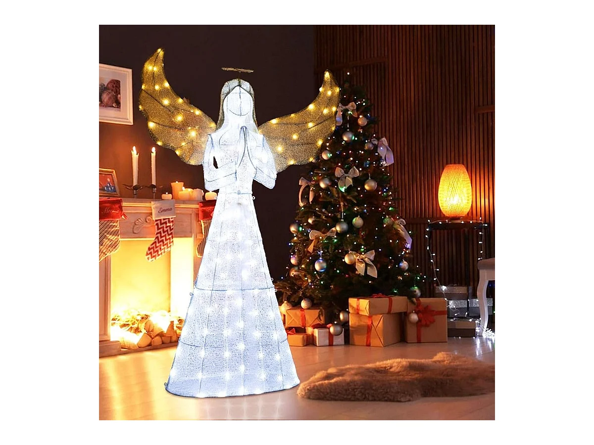 Ange Festif Pré-éclairé de 5M Ange Illuminé avec Halo Ailes et 150 Lumières LED Figurine de Noël avec Attaches Zippées et Piquets de Sol