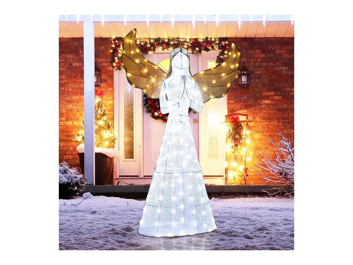 Ange Festif Pré-éclairé de 5M Ange Illuminé avec Halo Ailes et 150 Lumières LED Figurine de Noël avec Attaches Zippées et Piquets de Sol