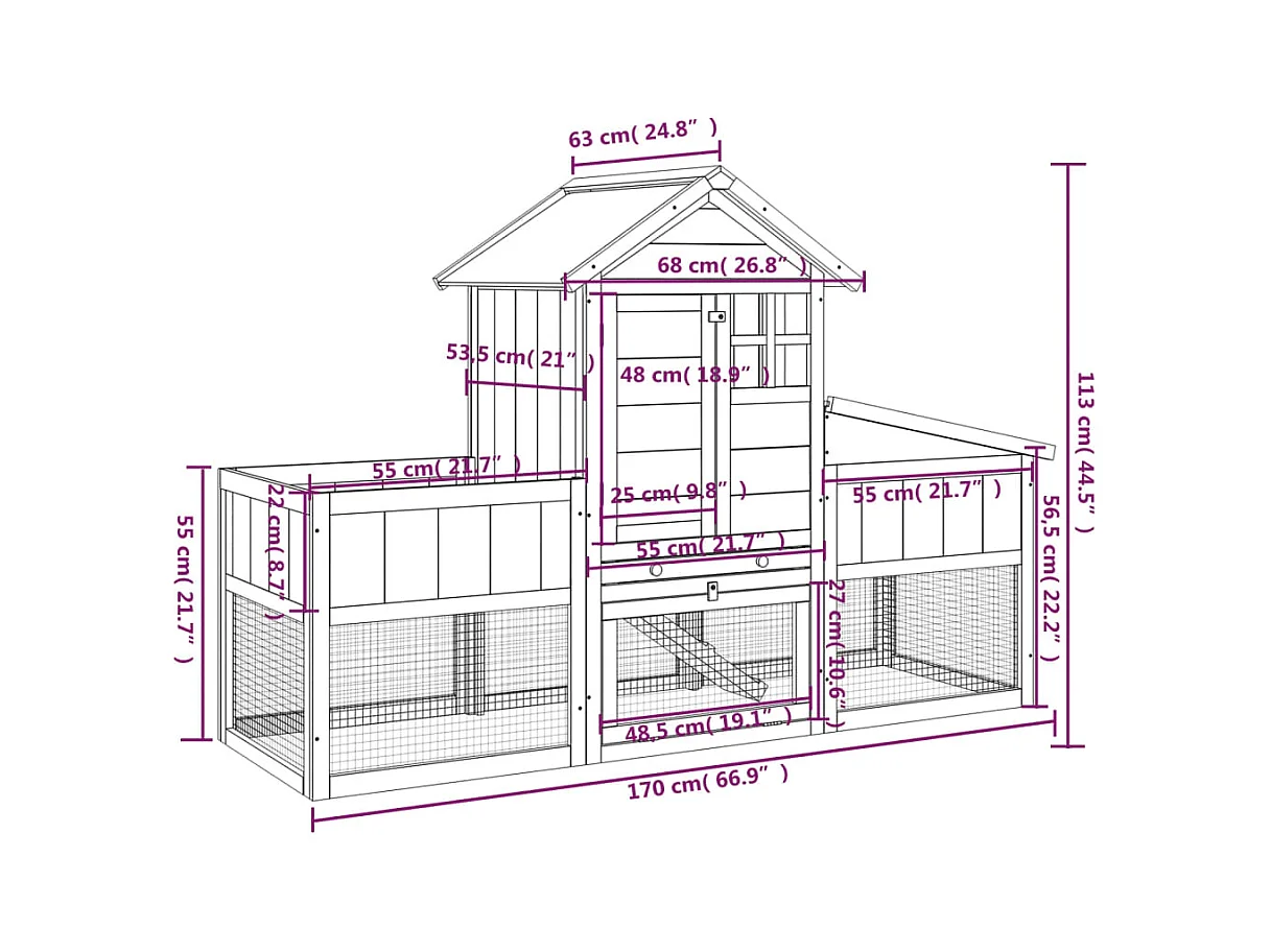 Arwin  Clapier gris 170x63x113 cm bois de pin massif