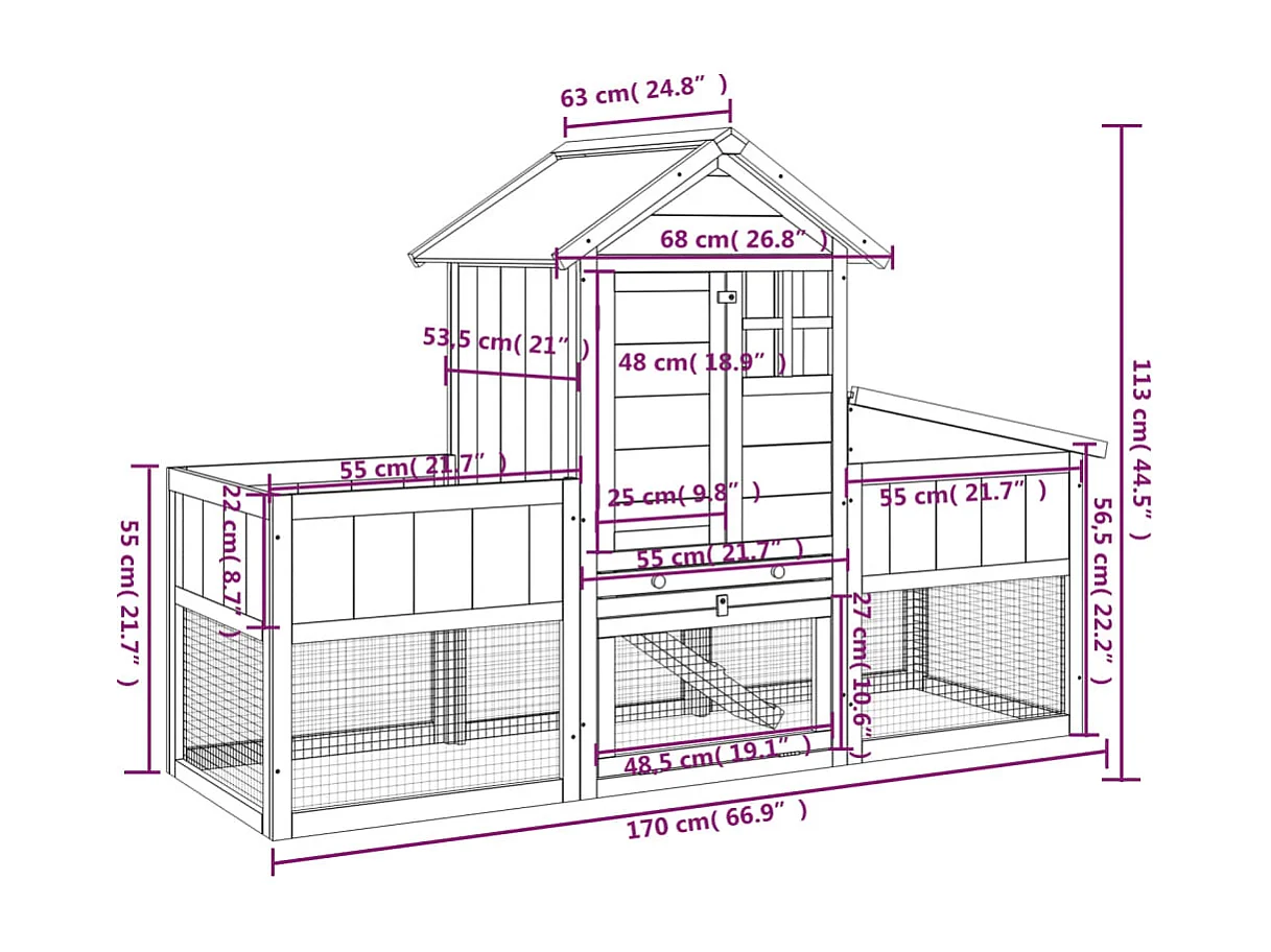 Arwin  Clapier gris 170x63x113 cm bois de pin massif