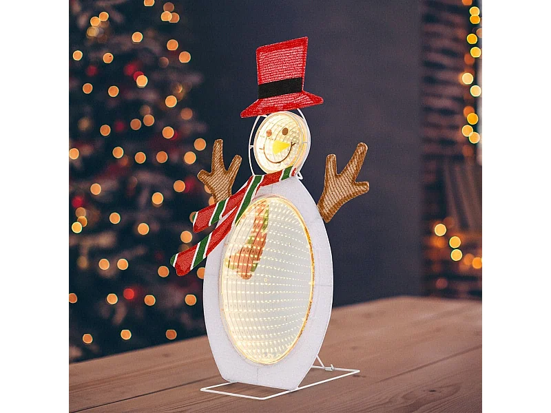 Décoration de Noël 2D Bonhomme de Neige Pré-éclairé de 75 Perles de Lumière LED 2 Miroirs Lumineux Infinis Chapeau Haut de Forme Echarpe