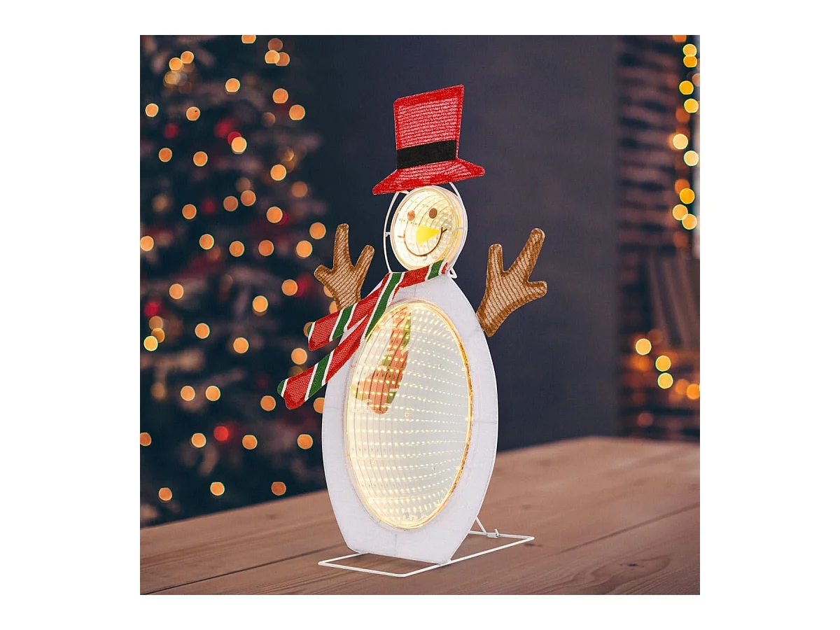 Décoration de Noël 2D Bonhomme de Neige Pré-éclairé de 75 Perles de Lumière LED 2 Miroirs Lumineux Infinis Chapeau Haut de Forme Echarpe