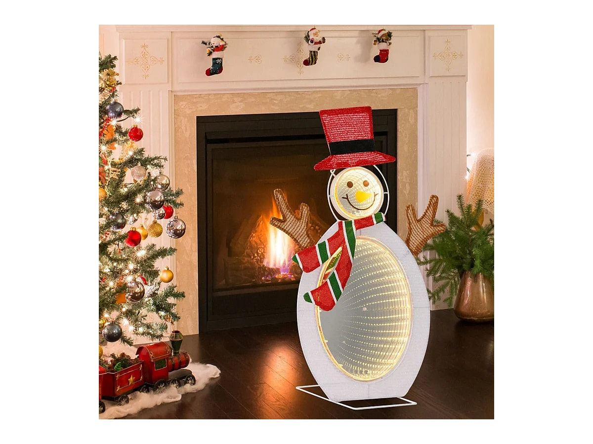 Décoration de Noël 2D Bonhomme de Neige Pré-éclairé de 75 Perles de Lumière LED 2 Miroirs Lumineux Infinis Chapeau Haut de Forme Echarpe